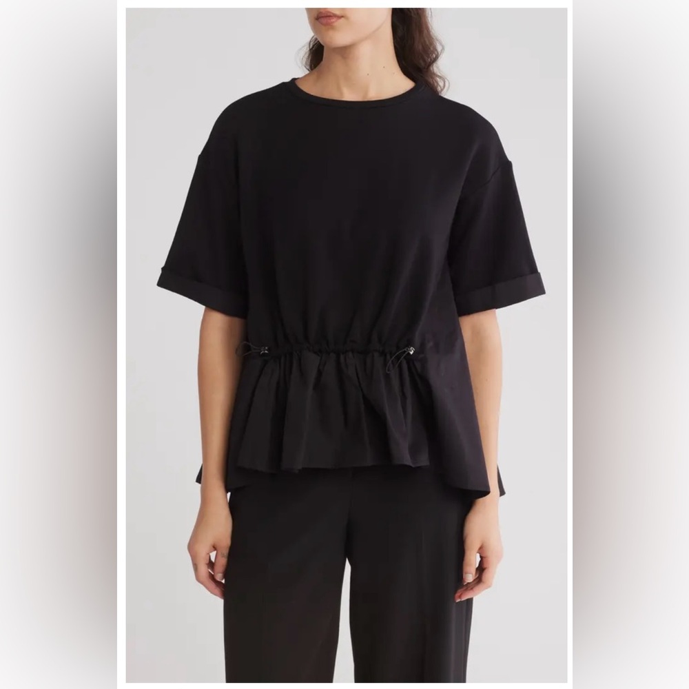 Adrianna Papell Women’s Short Sleeve Black Peplum Drawstring Top Sz Large NWT